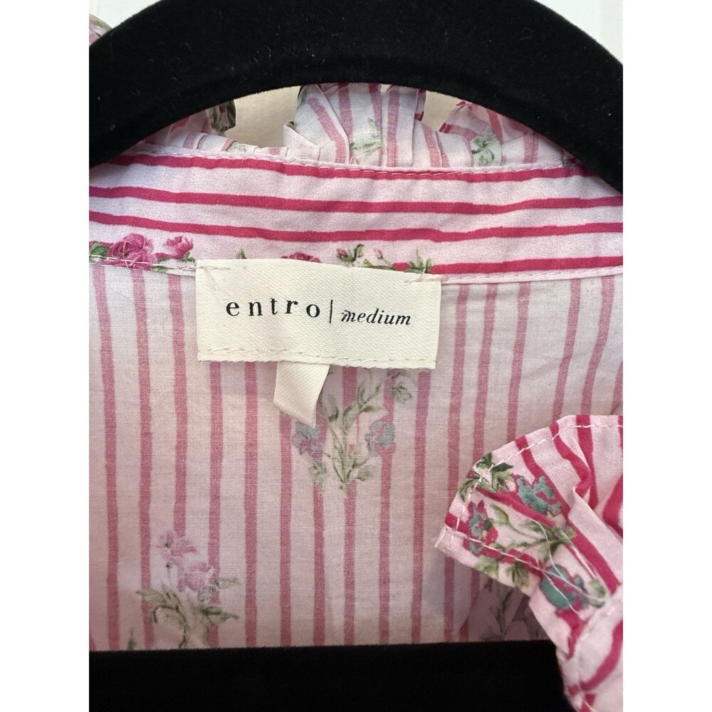 Entro Medium Pink Floral Stripe Cotton Ruffle Bell Sleeve Blouse Top EUC - Picture 3 of 11